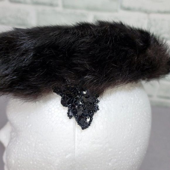 Vintage 50s 60s Black Mink Fur Hat Furry Halo Winter Fascinator Hat Sequin Side - Picture 7 of 8